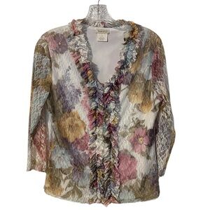 Y2K Pastel floral ruffle front blouse M Coquette ethereal, Fairy Sheer Mesh Lace